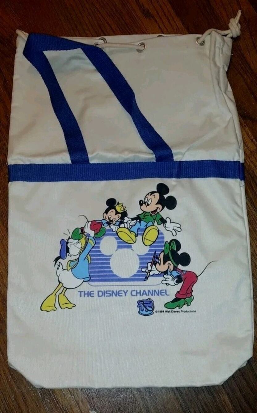 Vintage Disney Channel Tote Bag 1984 Beige Blue Mickey Mouse Minnie Donald